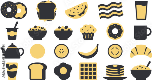 A vibrant collection of delicious breakfast food and drink icons in a modern flat design style.