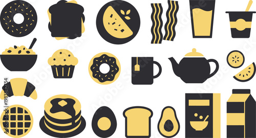 A diverse collection of minimalist breakfast food and drink icons, perfect for modern digital design projects.