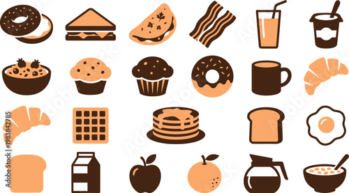 Collection of various breakfast foods and drinks in brown and orange hues