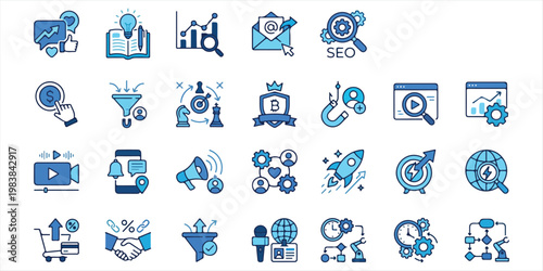 Digital marketing and business strategy icons for SEO and online growth