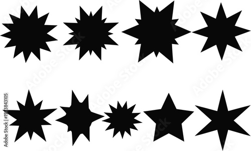 Collection of black star shapes with varying numbers of points arranged in two rows