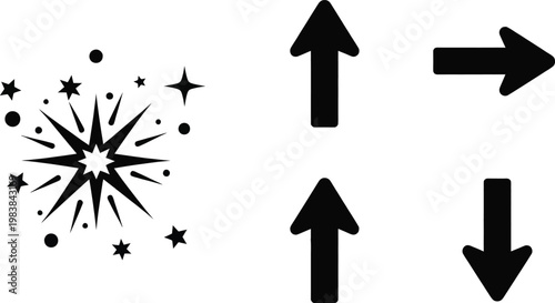 Fireworks explosion with directional arrows indicating movement and impact zones