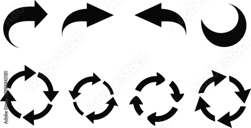 Various directional and rotational arrow symbols in black and white design