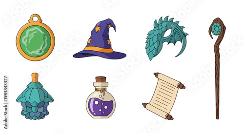 Collection of Magical Potion, Staff, and Spellbook Icons for Fantasy Theme