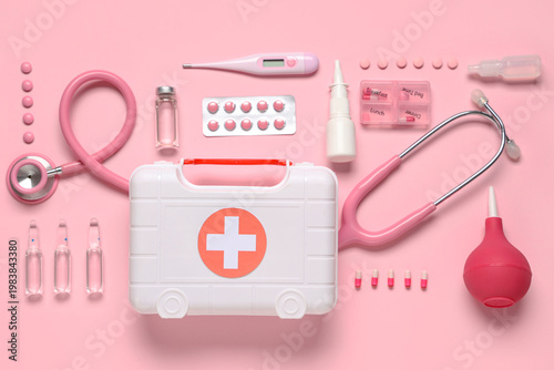 First aid kit with pills, s...