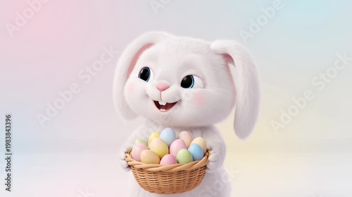 Easter Bunny with Easter Eggs: A charming, fluffy bunny carrying a basket of colorful Easter eggs in a gentle, pastel-toned setting.