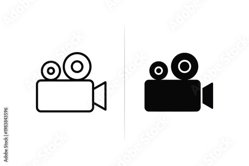 Retro video camera icon in outline and silhouette, flat design vector illustration