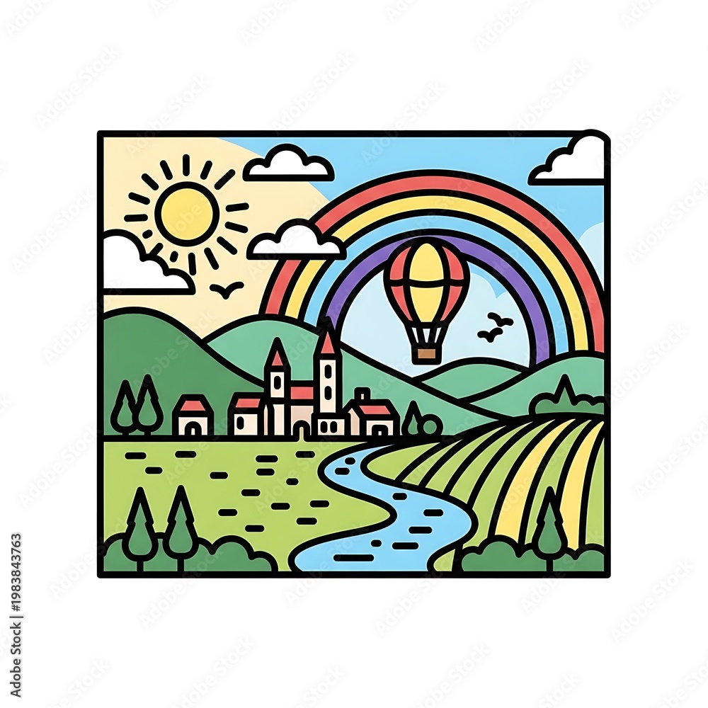 Fototapeta premium Colorful illustrated scene depicting a town, fields, hot air balloon, rainbow, sun, and clouds. A river winds through the landscape
