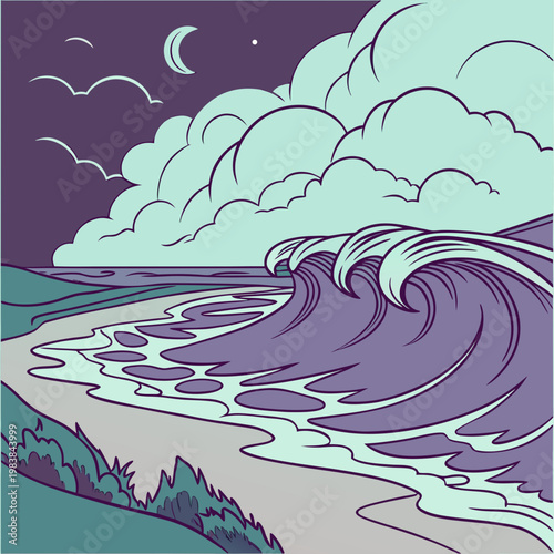 A large wave crashes on the shore at night