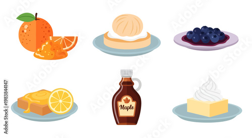 Assorted Breakfast Food Items with Fruits, Syrup, and Butter