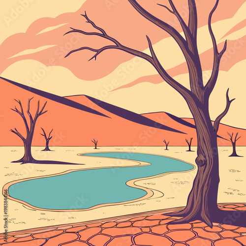 A barren tree stands alone by a dried up river