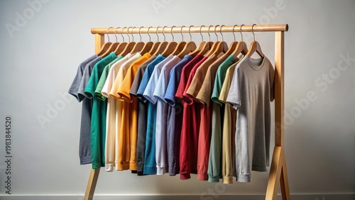 A photo of a wooden hanger rack filled with a variety of tshirts in different colors and designs hanging neatly The rack is made of natural wood wit