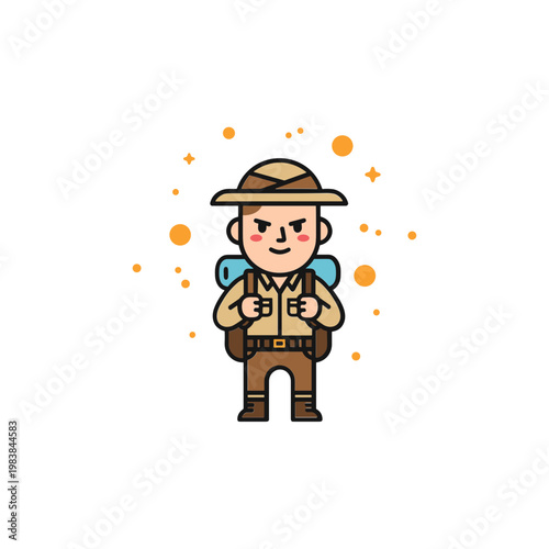 Adventurous Cartoon Explorer with Backpack, Safari Hat, and Confident Stance