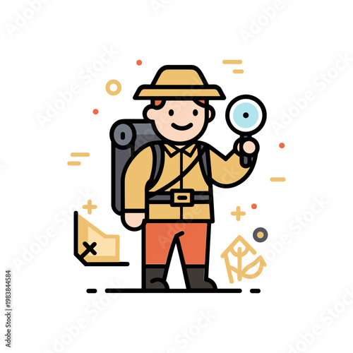 Adventurous Cartoon Explorer with Magnifying Glass and Backpack, Map Icon