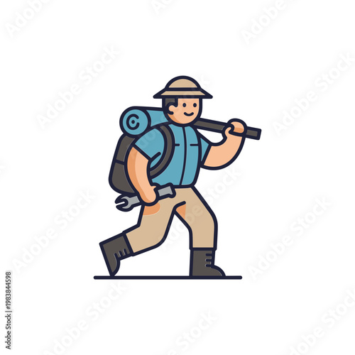 Adventurous Explorer Carrying Backpack and Wrench on White Background