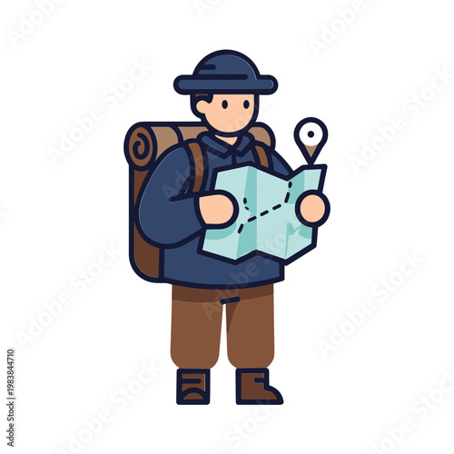 Adventurous Hiker with Backpack and Map, Navigating the Outdoors