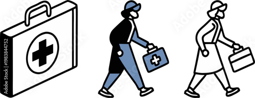 Medical healthcare professional walking with first aid kit and wearing face mask in flat color and outline styles alongside medical briefcase vector icon sheet. 
