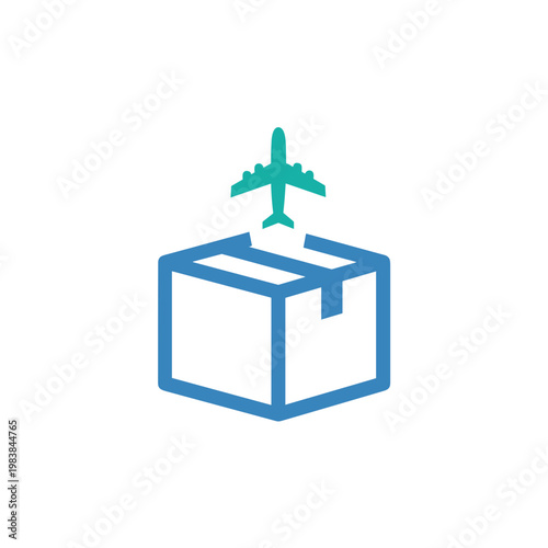 Airplane delivering cargo box icon, air freight transportation concept, logistics and delivery symbol