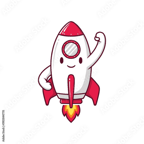 Smiling cartoon rocket ship flying high.