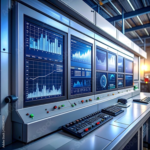 Industrial control room with multiple screens displaying graphs