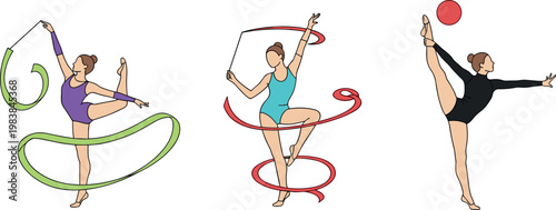 Cartoon Rhythmic Gymnastics Performers with Ribbon and Ball in Various Poses for Artistic Illustrations