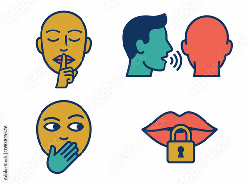 A colorful illustration of various secrecy and confidentiality icons on a white background