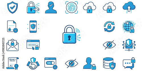 Collection of cybersecurity and data protection icons including locks, Shields, And privacy symbols