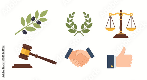 Legal and Justice Symbols Collection with Scales Handshake Gavel and Thumbs Up