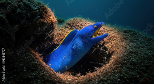 Vibrant blue ribbon eel opens its mouth while emerging from coral reef