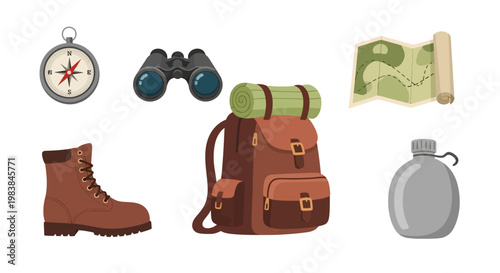 Essential Hiking Gear Collection with Backpack, Boots, and Map