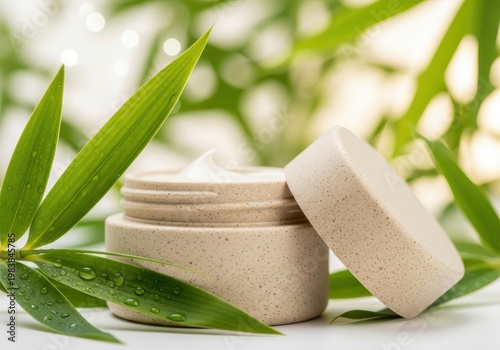 Natural organic face cream in textured jar with fresh bamboo leaves