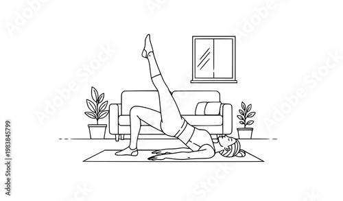 Minimal Line Art Woman Performing Single Leg Glute Bridge Home Workout Vector Illustration