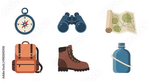 Adventure Travel Gear Collection with Compass Binoculars Backpack Boots and Water Bottle