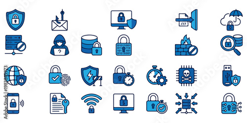 Collection of cybersecurity and data protection icons including locks, Shields, And digital security symbols