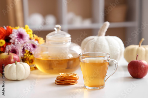 Glass cup of hot green tea ...