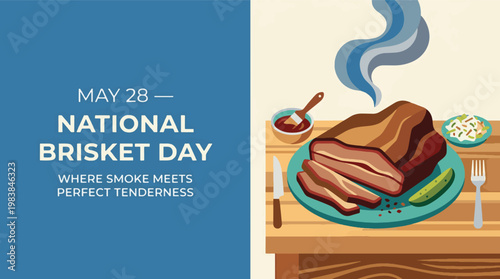 National Brisket Day with smoked beef brisket on plate, barbecue meat and gourmet food concept, modern flat vector illustration