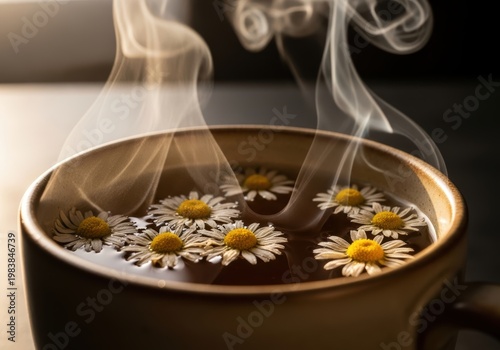 Hot herbal tea with chamomile flowers and rising steam in ceramic mug
