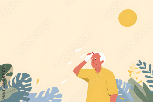 Illustration of exhausted man walking in extreme heat, concept of heatstroke, global warming and heatstroke prevention