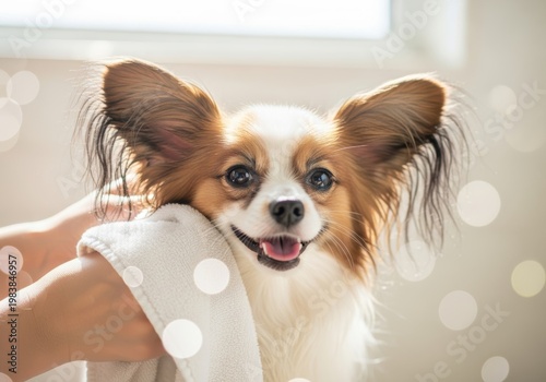 Papillon dog smiling while being dried with a white towel after bath