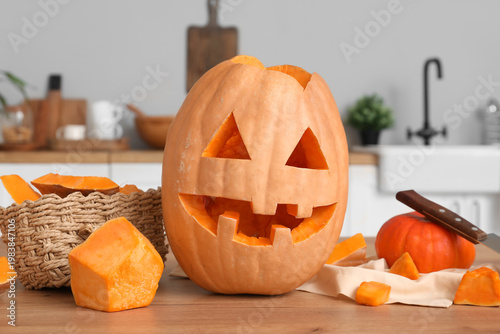 Carved Halloween pumpkin wi...