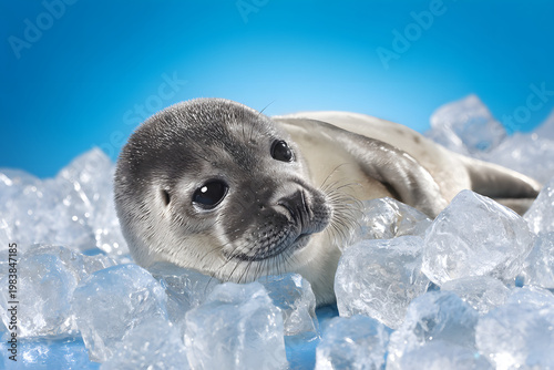Cute baby seal resting on ice cool fresh animal concept with blue background