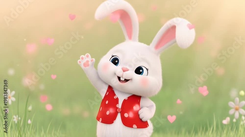 Smiling Bunny : A charming cartoon bunny cheerfully waves hello in a field of hearts and flowers, exuding sweetness and positivity.