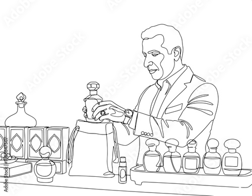 continuous line art of a sophisticated man in a suit organizing luxury perfume bottles on a retail display counter.