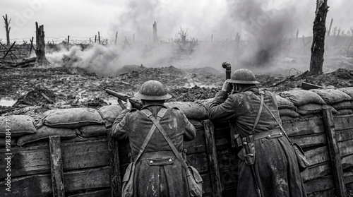 Fotografija Historical black and white photograph of two brave soldiers fighting in a muddy WWI trench, depicting intense warfare