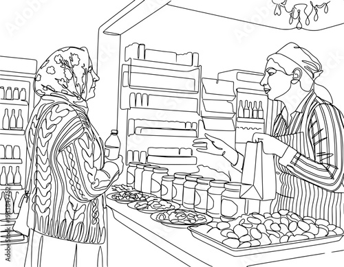 continuous line art of an elderly woman buying groceries from a shopkeeper at a local market stall or small shop.