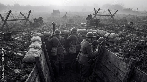 Fotografía A group of brave soldiers in a muddy World War I trench, observing the foggy, devastated battlefield
