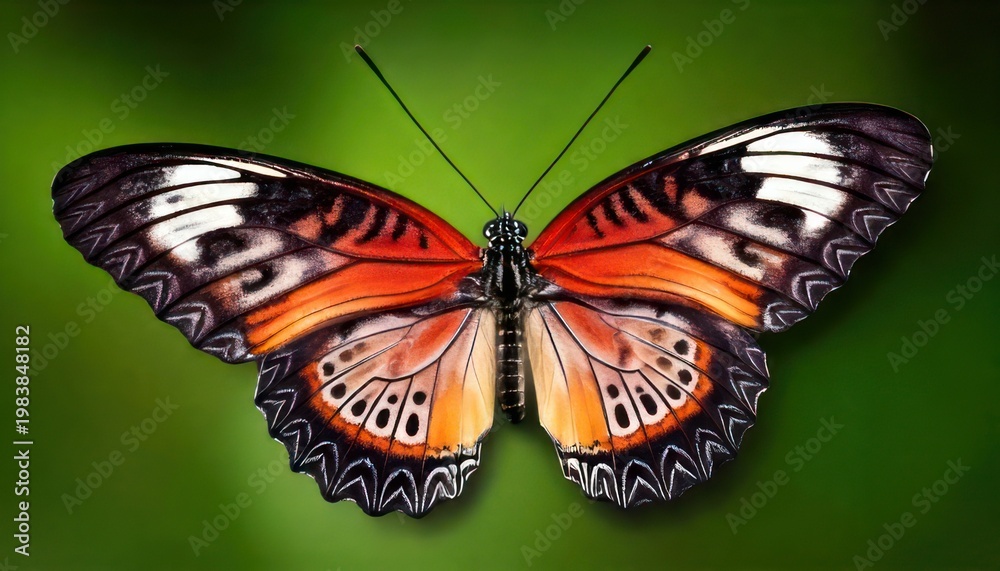 Obraz premium Vibrant Lacewing Butterfly with Intricate Wing Patterns on Green Background.