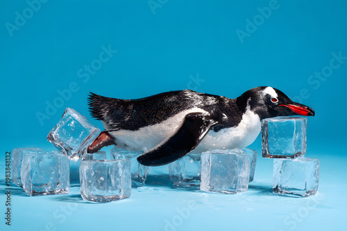 Penguin relaxing on ice cubes, environmental concept representing heatstroke, extreme heat, global warming and heat relief