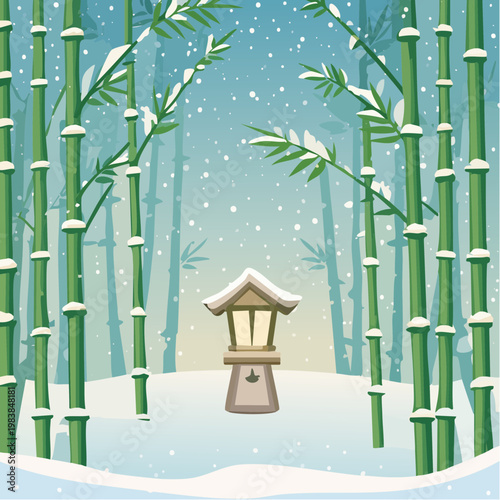 Snowy Bamboo Forest Lantern Scene.