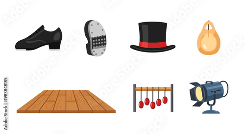 Collection of Stage and Theatre Equipment Including Shoes, Top Hat, Spotlight and Prop Court Floor